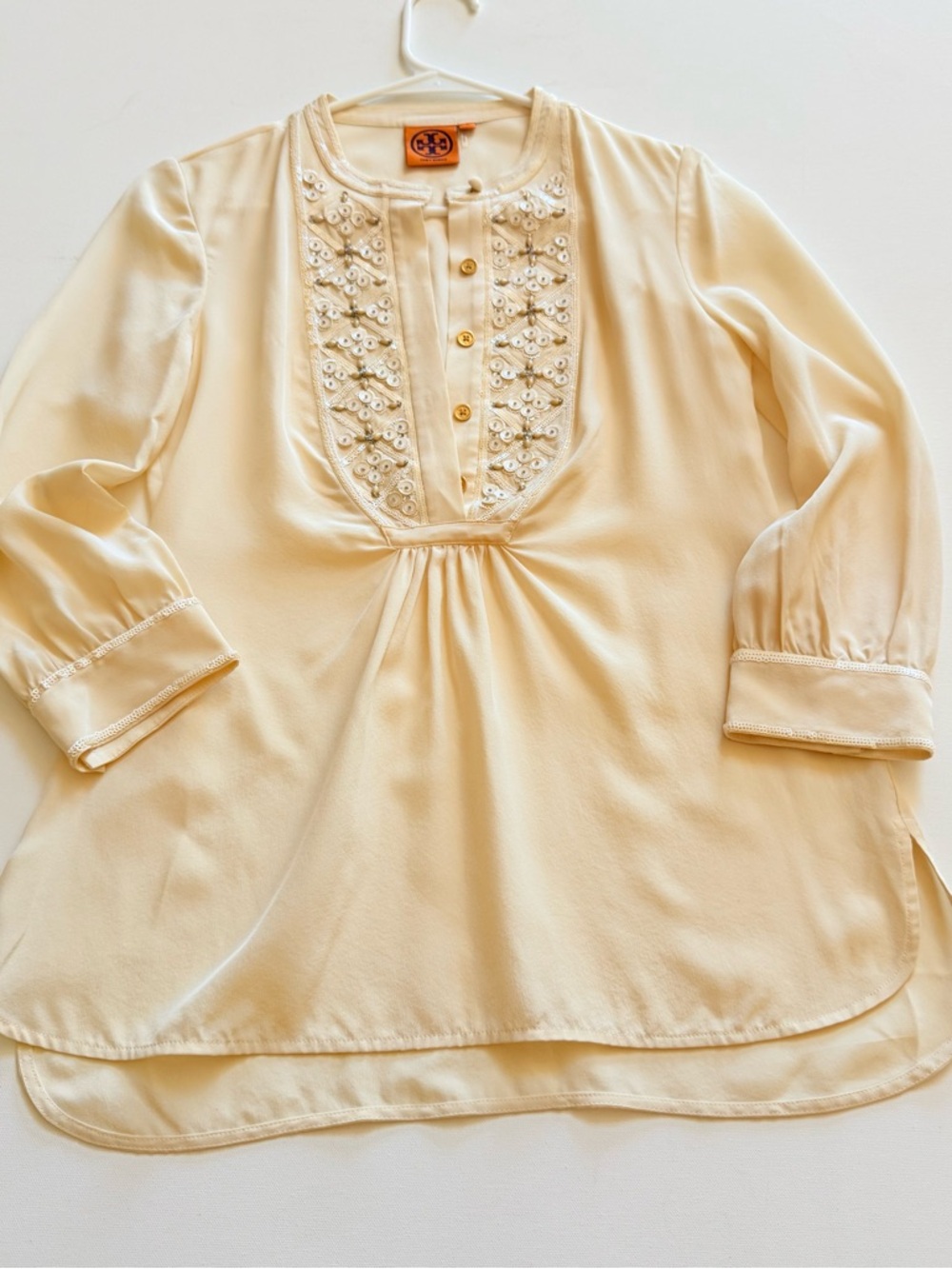 Tory Burch Cream Embellished Long-Sleeve Tunic Top